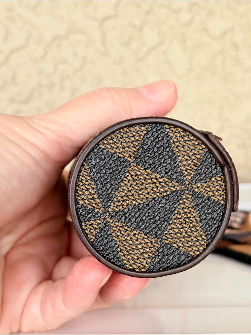 Brown Geometric Cylinder Keychain Pouch with Scarf Accent